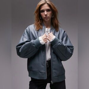 Topshop Blue Faux Leather Bomber Jacket Large